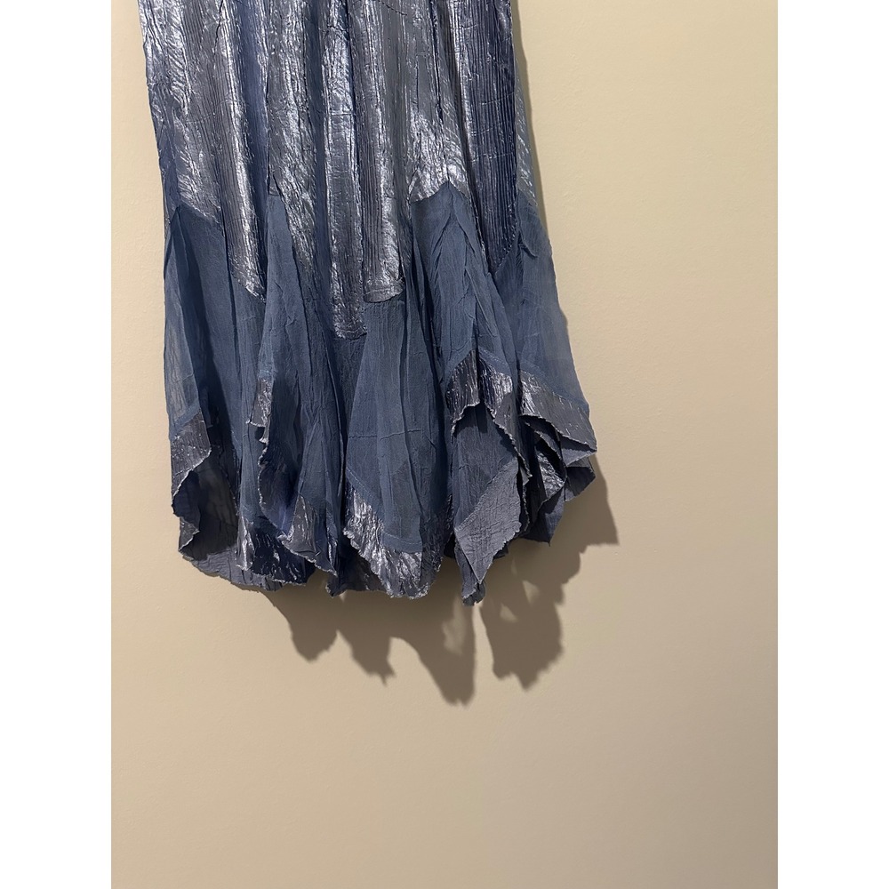 Komarov Blue Crinkle Pleated Sequin V-Neck Handkerchief Hem Midi Dress NWT L - Picture 4 of 7